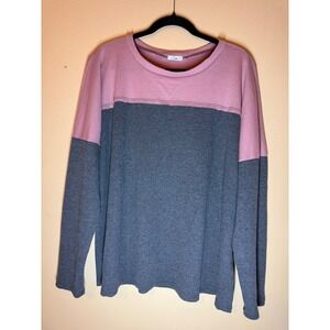 E Luna Women's Plus Size 1X Two Tone Waffle Knit Long Sleeve Top Pink Gray